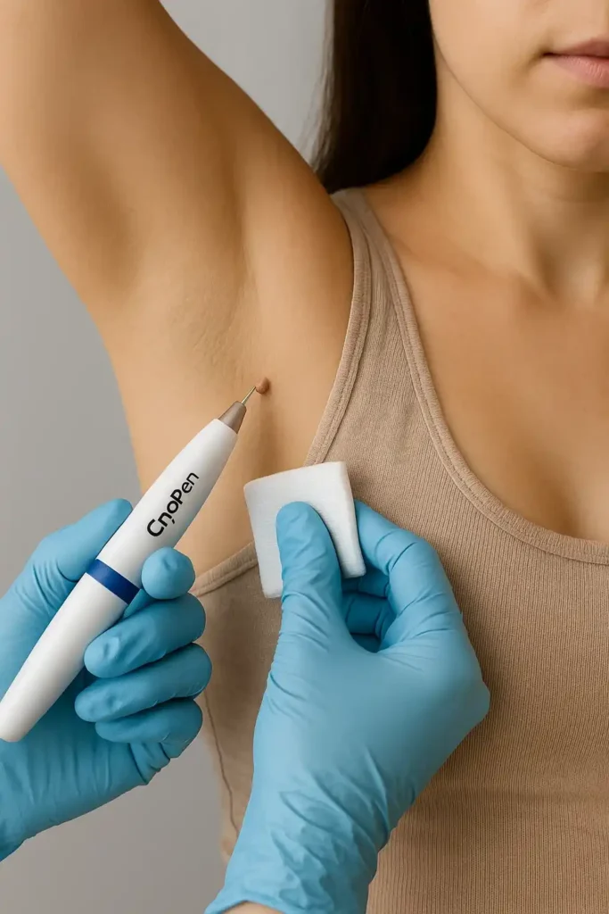 woman having cryopen to remove underarm skin tags Grimsby