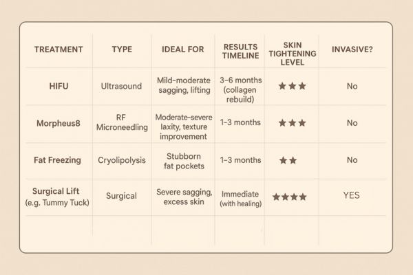 Table showing the comparisons of Skin tightening Grimsby treatment options. 